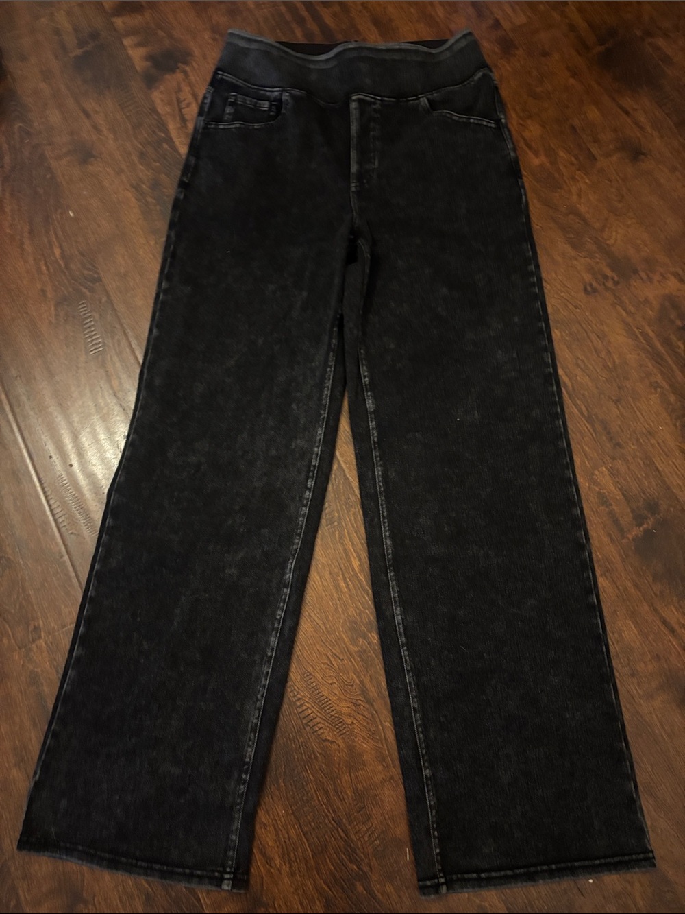 Black Denim Stretch Wide-Leg Pants